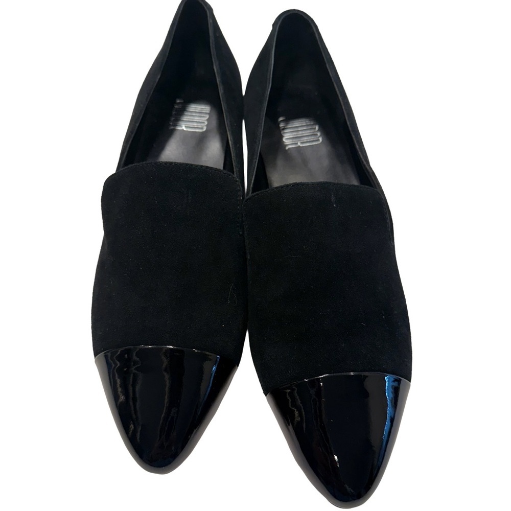 Jildor Women’s Fae Loafers Black Leather /Patent  Toe Heel W/ Chain Sz 7W NEW